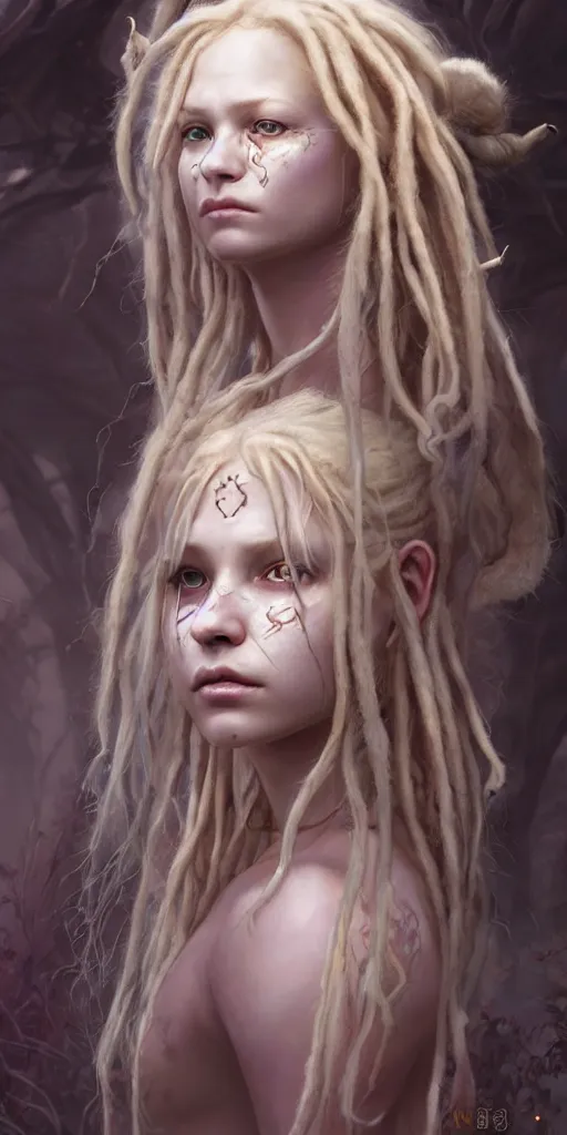 Image similar to fantasy changeling girl with blonde dreadlocks revealing her true nature, staring eyes, dim light, front game card, marvel comics, dark, intricate, highly detailed, smooth, smirking, artstation, digital illustration by ruan jia and mandy jurgens and artgerm and wayne barlowe and greg rutkowski and zdislav beksinski