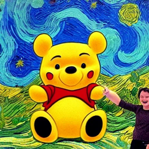 Prompt: Gigantic Titan Winnie the pooh, monumental, epic, painting in style of Vincent van Gogh