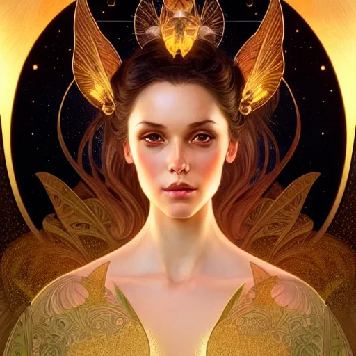 Image similar to symmetry portrait of brunette princess, glam, fae, fireflies, forest background, intricate, elegant, highly detailed, digital painting, artstation, concept art, smooth, sharp focus, illustration, art by artgerm and greg rutkowski and fra angelico and alphons mucha