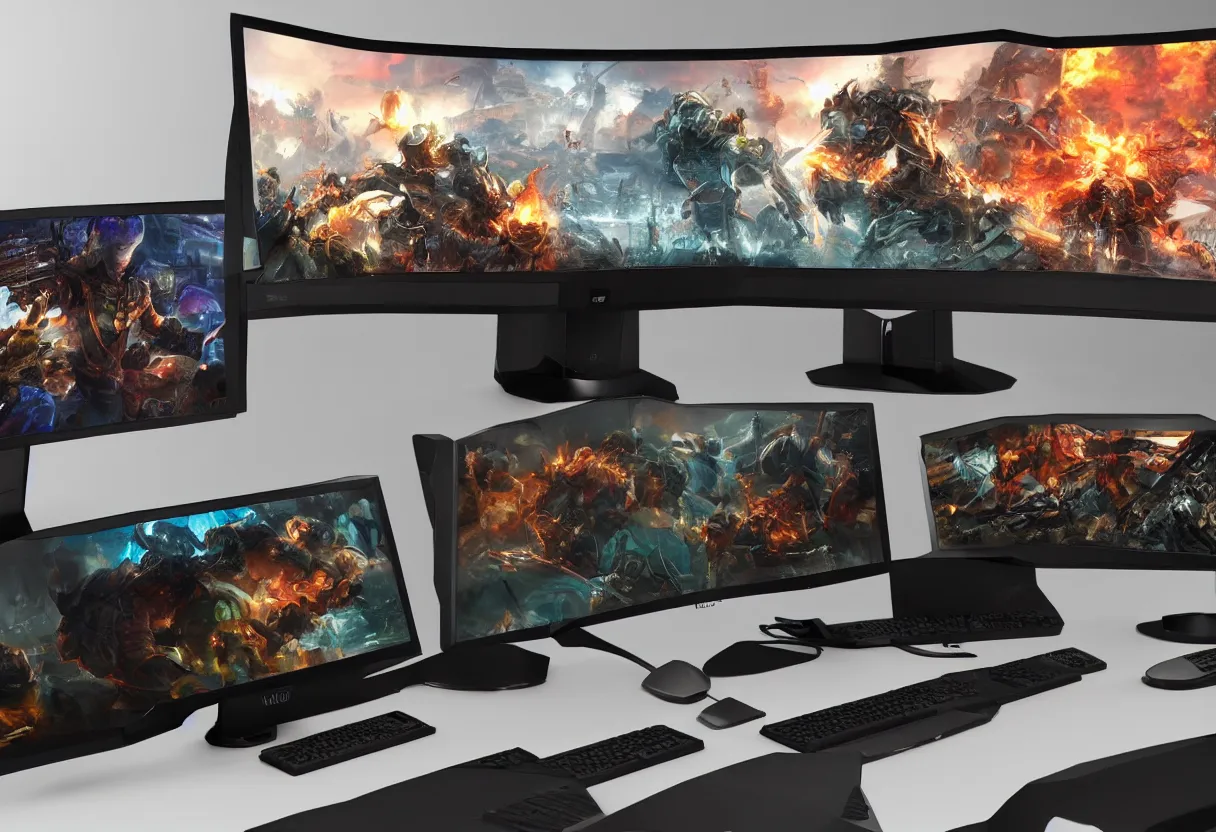 Prompt: a gaming computer with a 3 monitors 4k, hd, photorealistic