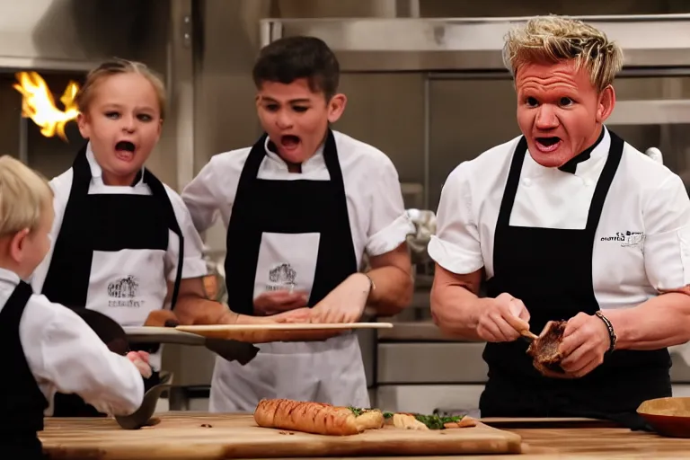 Prompt: Gordon Ramsay screaming at young children as they cook beef wellington, photo, 4K