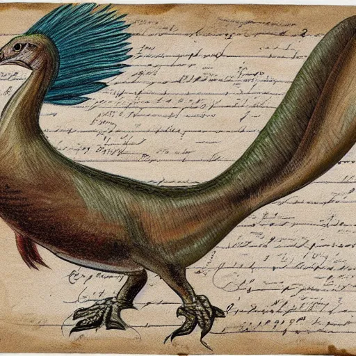 Prompt: professional vintage colored sketch of a feathered dinosaur with full descriptions, on parchment, 8K, HD, highly detailed, high quality