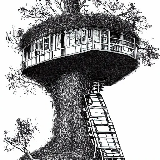 Prompt: futuristic tree house in a city detailed drawing