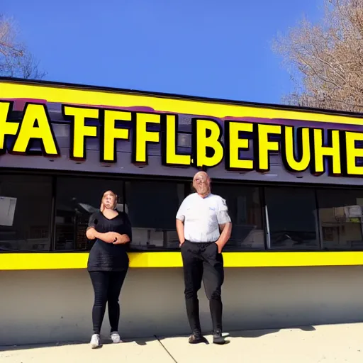 Image similar to wafflehouse employee's standing below wafflehouse sign