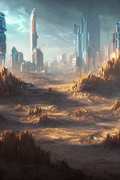 Prompt: beautiful digital art of cyberpunk badlands by james gurney