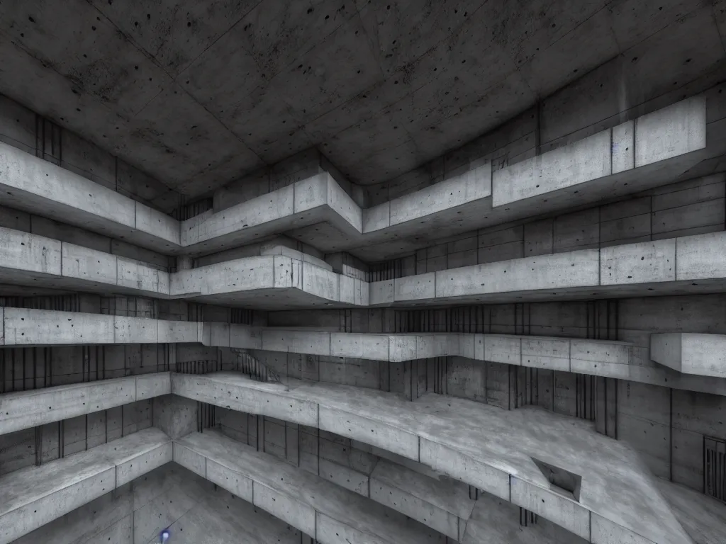 Prompt: Concrete huge dark-gray multi-layered underground structure with multiple floors and a plus-shaped cleft in the center. Inside view, straight lines, corners, high detailed, details, ultra realistic, photorealism, 8k, symmetrical, brutalism, beam, non-euclidean, architecture, volumetric lighting, cinematic