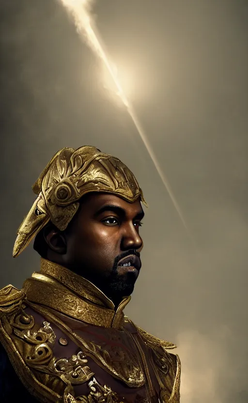 Image similar to Portrait of Kanye West as Emperor Napoleon in Skyrim, splash art, movie still, cinematic lighting, dramatic, octane render, long lens, shallow depth of field, bokeh, anamorphic lens flare, 8k, hyper detailed, 35mm film grain