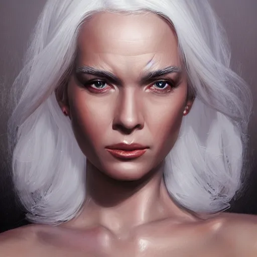 Image similar to a painting of a woman with white hair, a character portrait by pogus caesar, featured on cgsociety, photorealism, detailed painting, artstation hd, ultra detailed