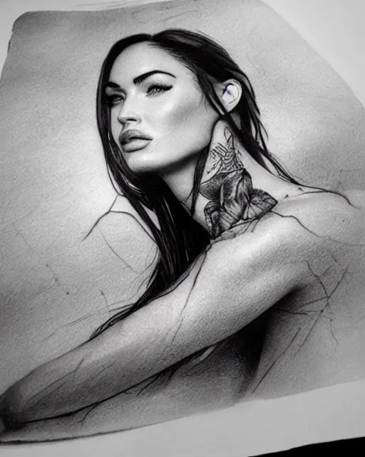 Image similar to realism tattoo design sketch of megan fox with beautiful mountain scenery, in the style of dan mountford, double exposure effect, hyper realistic, amazing detail, black and white