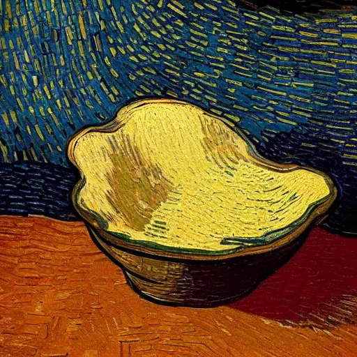 Prompt: vincent van gogh [ within bowl ]!!! resting on table, trending on artstation, cgsociety, [ overhead view ]!!, 4 k quality, intricately defined, professional photography, complexly detailed, polycount