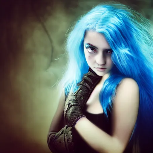 Image similar to portrait of young girl half dragon half human, dragon girl, dragon skin, dragon eyes, dragon crown, blue hair, long hair, highly detailed, cinematic lighting, chiaroscuro lighting, Matte painting by David Lynch