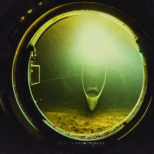 Prompt: a ghost leviathan seen through the porthole of a submarine, dark, underwater,