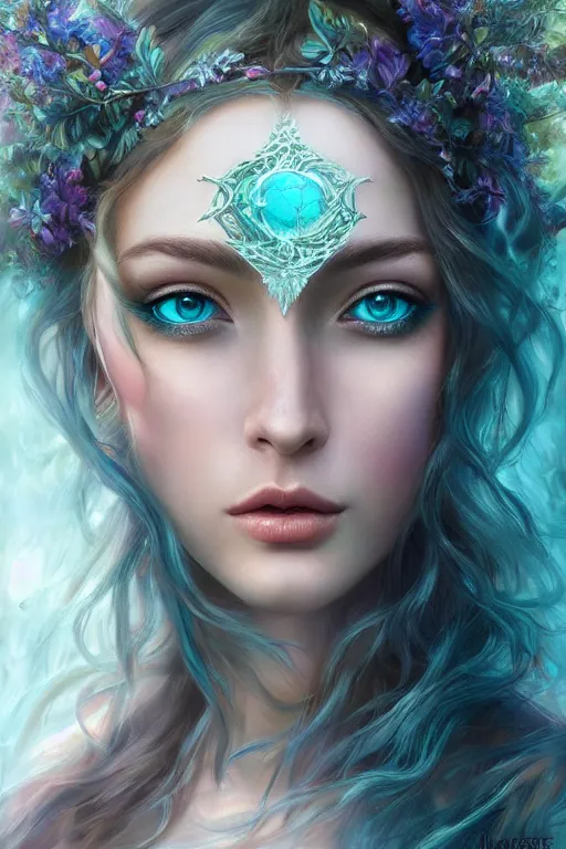 Prompt: a beautiful woman fae, 8 k, perfect body, turquoise long hair hyperrealistic, deep focus, symmetrical face hyperdetailed, high fantasy forest moon fantasy portrait by laura sava