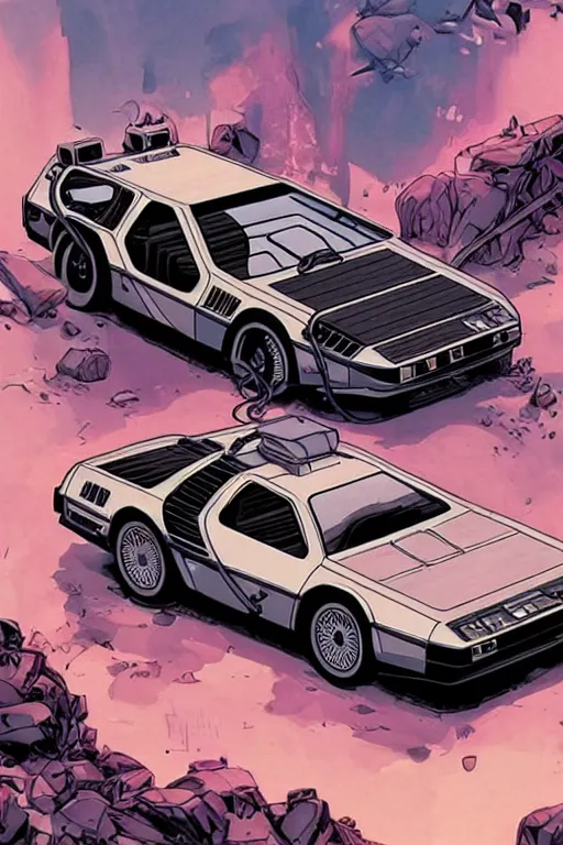 Prompt: Delorean car designed by Aplle that looks like it is from Borderlands and by Feng Zhu and Loish and Laurie Greasley, Victo Ngai, Andreas Rocha, John Harris