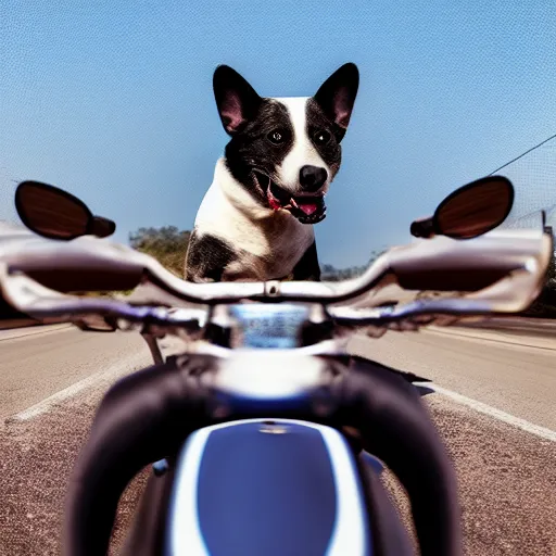 Image similar to blue heeler dog on a motorcycle, 8 k photography, blurred background of a wafflehouse