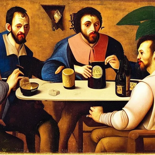 Image similar to detailed impasto painting of five male artists talking intelligently in a french cafe while drinking beer in style of caravaggio, chiaroscuro, hieronymus bosch, tenebrism