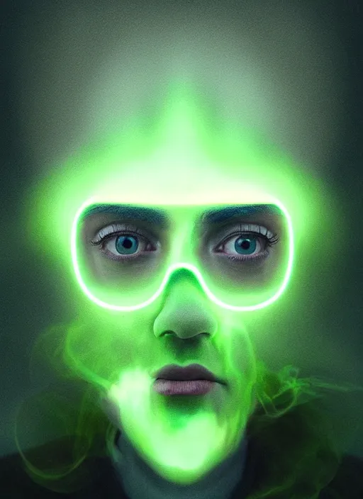 Image similar to an ethereal, misty portrait of a minion whose face is accented with neon - toned glowing eyeliner. the makeup floats off his face and joins swirling clouds of smoke and fog, becoming an aurora. muted tones. surreal portrait, cinematic lighting, 8 k, smooth, sharp focus, digital painting, rendered in octane, painted by tom bagshaw, artgerm