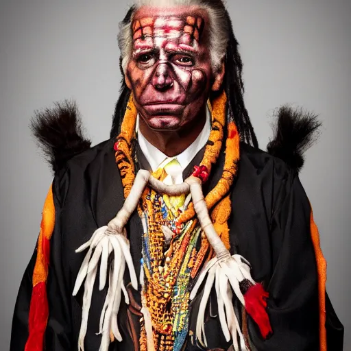 Prompt: uhd candid photo of joe biden dressed as a voodoo priest, wearing bizarre voodoo makeup, with accurate face, intricate voodoo costume, uhd, studio lighting, correct face, photo by annie leibovitz