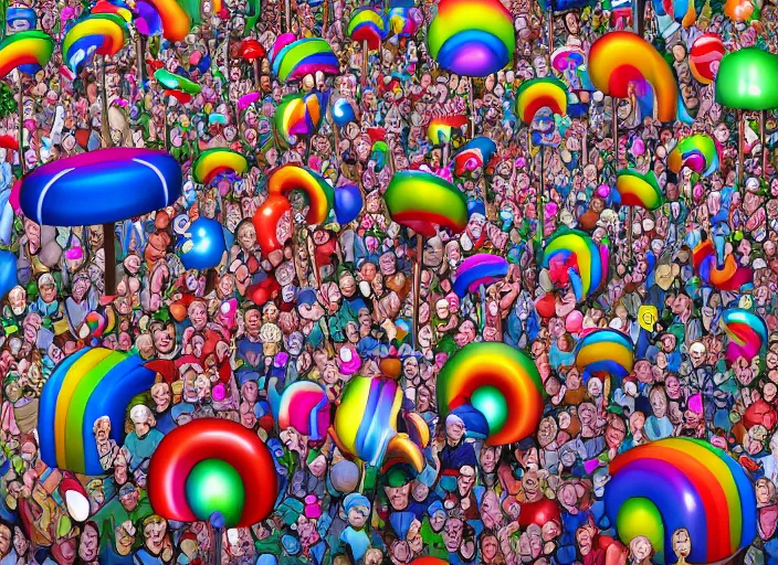 Image similar to where's waldo, lollipops and rainbows, lowbrow, matte painting, 3 - d highly detailed, in the style of camille rose garcia