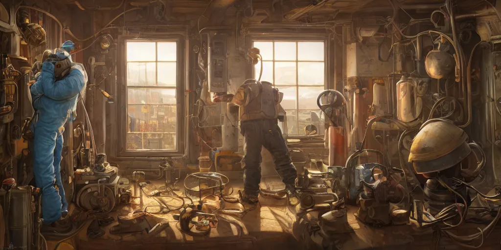 Image similar to highly detailed portrait painting of welder and angelina joile, room mono window, by eddie mendoza and tyler edlin, 8 k resolution