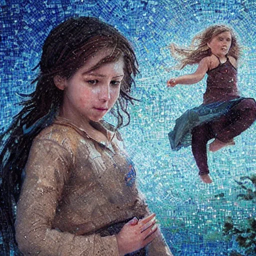 Image similar to mosaic portrait of a beautiful young girl falling into the sky by greg rutkowski, 4k, intricate details, dichotomy