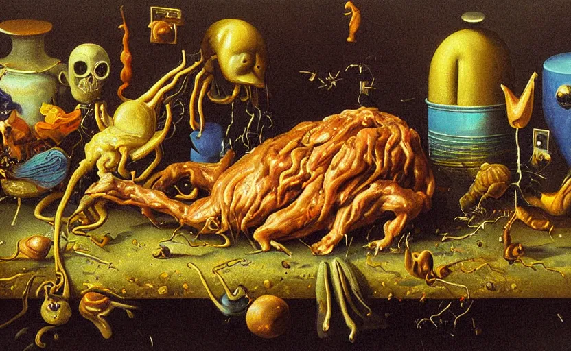 Image similar to strange painting by christian rex van minnen, enticing colorful oil painting dutch golden age vanitas eyes everwhere still life sparse composition with bulbous objects strange transparent surfaces shiny metal reflections bizarre mutant meat insects rachel ruysch dali todd schorr very detailed perfect composition rule of thirds masterpiece canon 5 0 mm, cinematic lighting, photography, retro, film, kodachrome