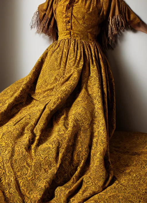 Image similar to preraphaelite photography reclining on bed, big brown fringe, yellow ochre ornate medieval dress, william morris, 4 k