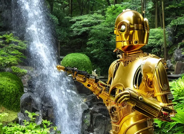 Image similar to C-3PO sitting in a lush japanese garden, C-3PO is holding a machine gun, waterfall, bright sun, still from star wars, shot on film, depth of field, nature show, incredible detail, dramatic lighting