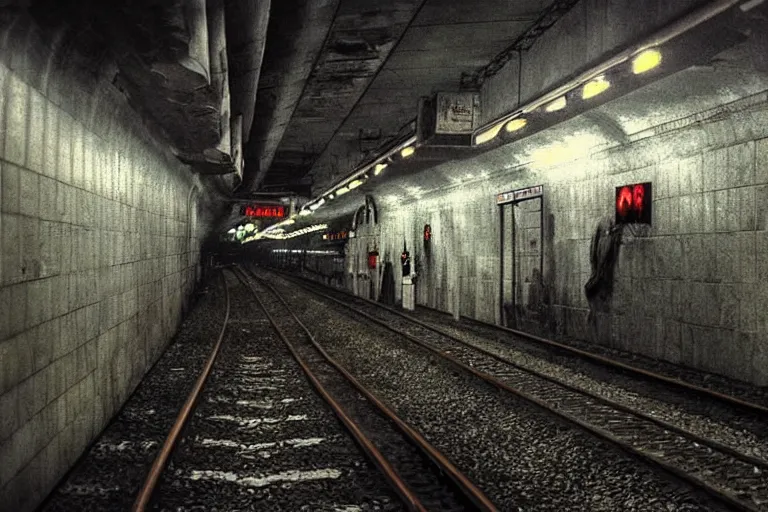 Image similar to very large giant mutant zombie irradiated ( angry rat ) staying on railways in tonnel of moscow subway. extreme high detail, very realistic. extreme long shot, low dark light, scary mood.