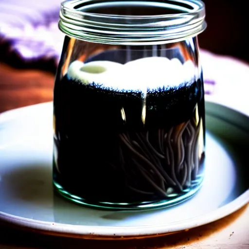 Prompt: an overflowing glass jar of 150 long thin baby black and white eels