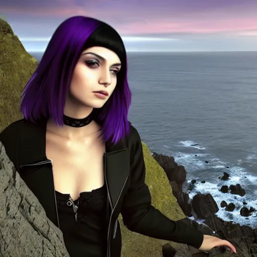 Image similar to 1 7 - year - old pale - skinned persian girl with black long bob cut, black gothic jacket, purple eyes, psychic girl, standing on cliff along the irish coast, overcast gray skies, anime, anime hd, octane render