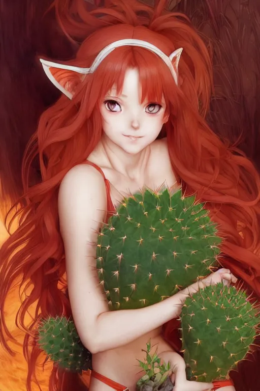 Image similar to Portrait of red-haired anime girl with fox ears and an evil grin in orange bikini holds a cactus in her arms cinematic lighting, intricate, elegant, highly detailed, digital painting, artstation, smooth, sharp focus, illustration, art by Yoshitaka Amano, artgerm and greg rutkowski and alphonse mucha and william-adolphe bouguereau