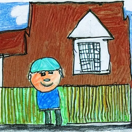 Image similar to a child's drawing of bach infront of a house.