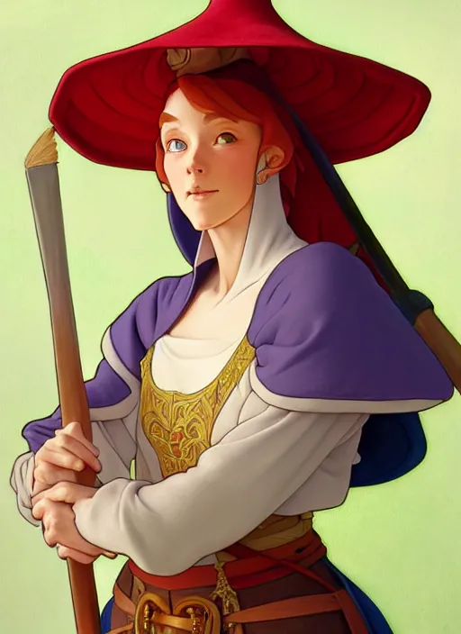 Image similar to regal medieval artist wearing colourful hat, holding a paint palette, natural lighting, path traced, highly detailed, high quality, digital painting, by don bluth and ross tran and studio ghibli and alphonse mucha, artgerm