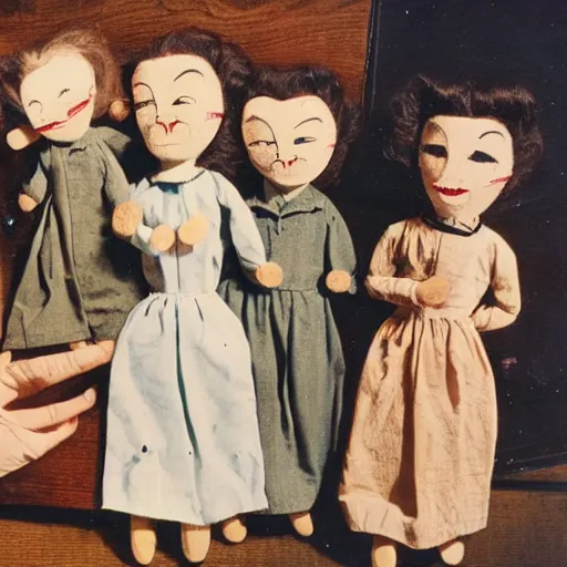 Image similar to 1 9 5 0 s children wooden puppet dolls comming to life, scary, fear, horror, thriller, cinematic still, jumping towards viewer, jump scare, pov, wide shot, polaroid,