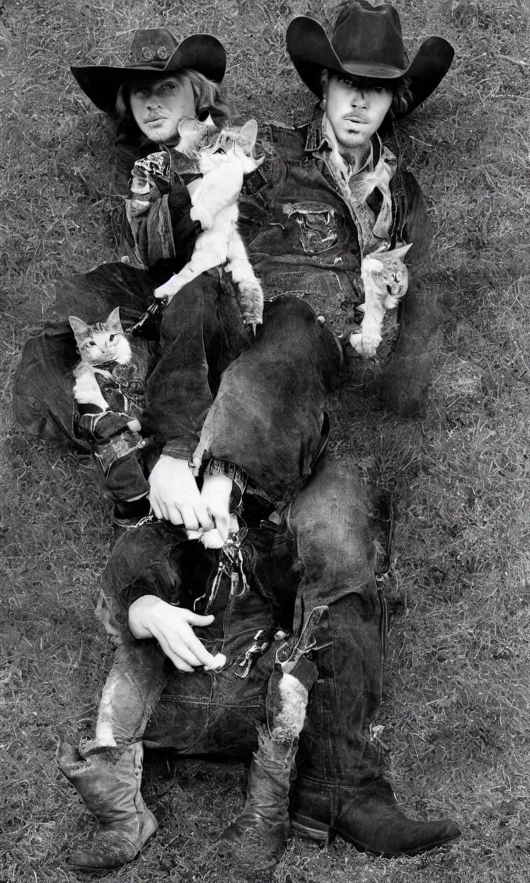 Prompt: Cat wearing a cowboy hat and boots by Anton Corbijn