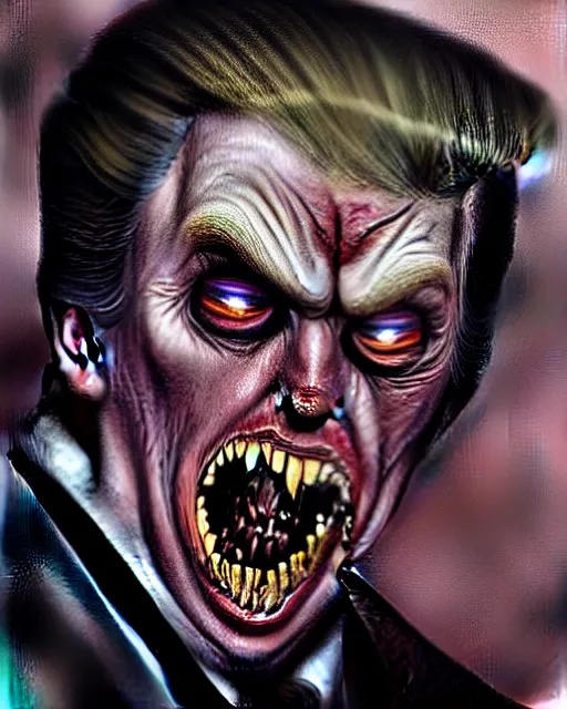 Prompt: donald trump as dracula with fangs out, character portrait, close up, concept art, intricate details, hyperrealism, photorealistic, in the style of otto dix and h. r giger