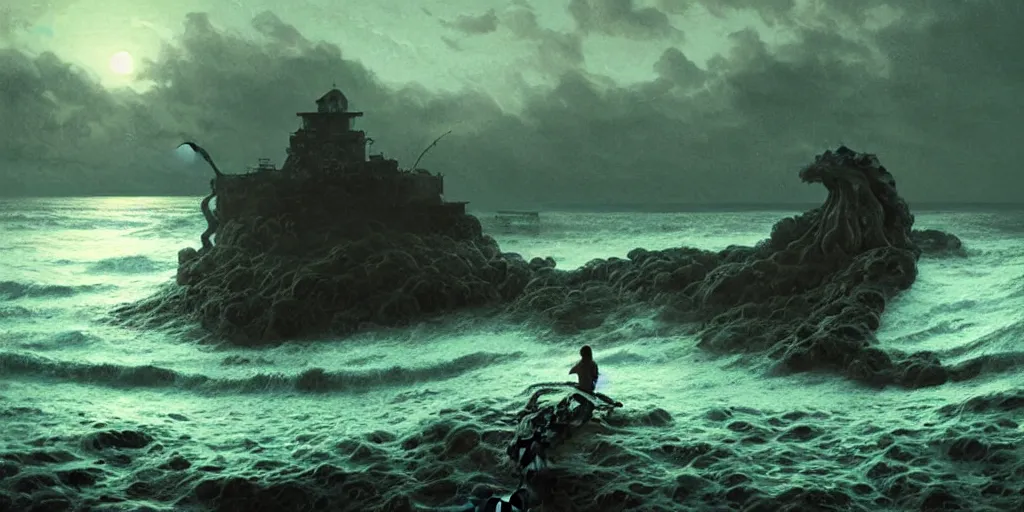 Prompt: landscape view on an old fishing village at night, destryed by a humanoid octopus creature emerging from the ocean, night colors, high - key lighting, beautiful composition, intricate, gradient from green to black, pro photography by, highly detailed, digital painting, art by artgerm and greg rutkowski and alphonse mucha, smooth, sharp focus illustration