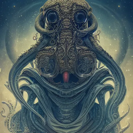 Image similar to a beautiful rendition of astronaut cthulhu, insanely detailed and intricate, golden ratio, hypermaximalist, elegant, ornate, luxury, elite, horror, creepy, ominous, haunting, matte painting, cinematic, cgsociety, james jean, brian froud, ross tran