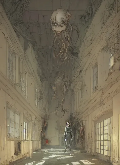 Prompt: interior of a haunted school corridor ghots flying around, art style by kim jung gi karl marx greg rutkowski ghibli klimt and nixeu and ian sprigger and wlop and krenz cushart, au naturel, hyper detailed, digital art, trending in artstation, behance, deviantart, houdini