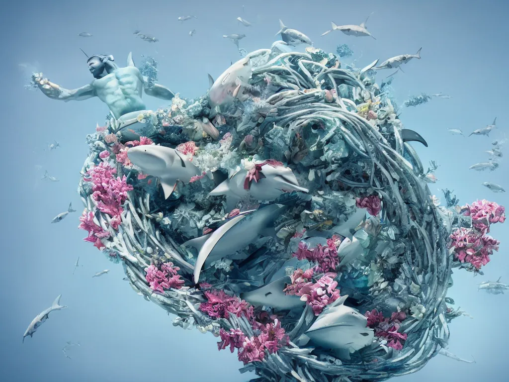 Image similar to a sculpture of ocean shark intertwined, a lovely cornucopia of flowers and human body parts, elegantly, highly detailed, octane render, cinematic, shock, sharp focus