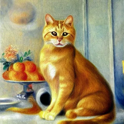 Image similar to a golden cat sitting on a throne in a modern kitchen in the style of renoir,