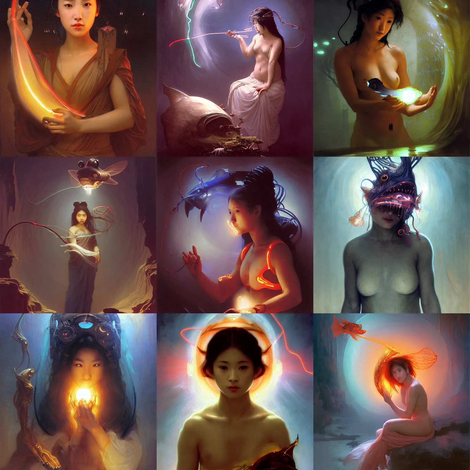 Prompt: awe-inspiring award-winning concept art painting of attractive asian female biomorphic anglerfish in neon shrouds as the goddess of lasers, sparks, by Michael Whelan, William Adolphe Bouguereau, John Williams Waterhouse, and Donato Giancola, cyberpunk, extremely moody lighting, glowing light and shadow, atmospheric, shadowy, cinematic, 8K,