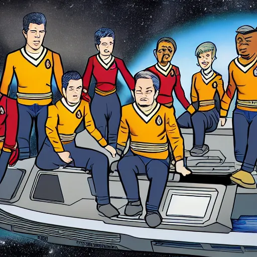 Prompt: a starfleet crew on the deck of their starship in the style of bill watterson high quality