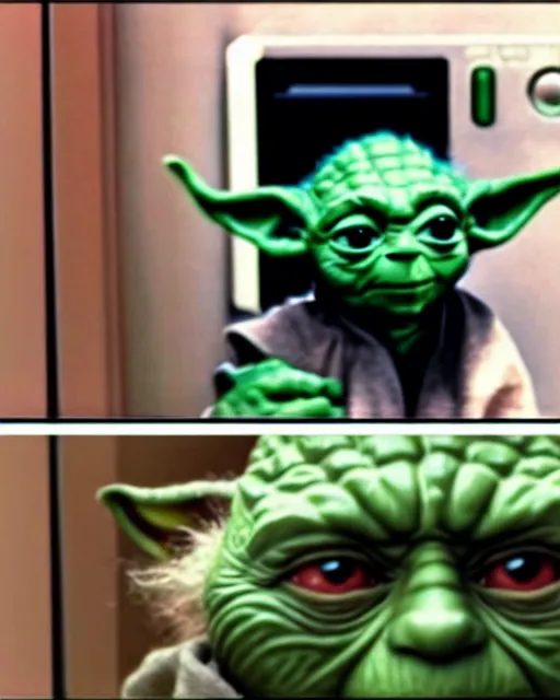 Prompt: Security cam footage of Yoda stealing a TV