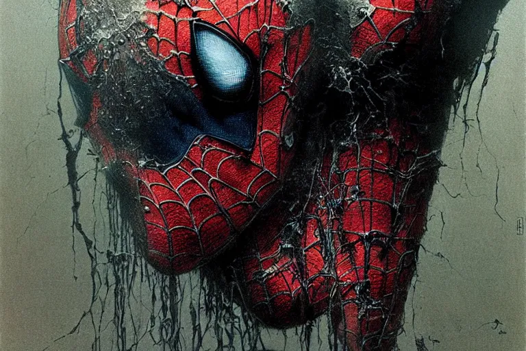 Image similar to Spider-Man with a deformed pig face by beksinski