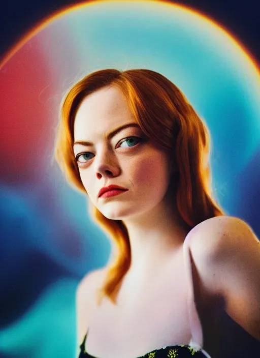 Image similar to young Emma Stone wearing a vintage Raypunk outfit, accurate anatomy, abstract sun in background, shiny soft skin, soft lighting, sharp details, warm colors, full body portrait, 35 mm film, subsurface scattering, lens flare