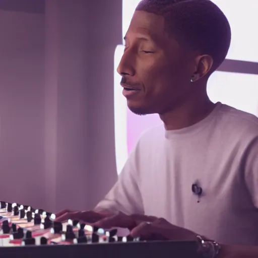 Image similar to cinematic sci-fi film still of Pharrell Williams Making A Beat with alien intelligence, Japanese VFX, 2018, 400mm lens, f1.8, shallow depth of field,film photography