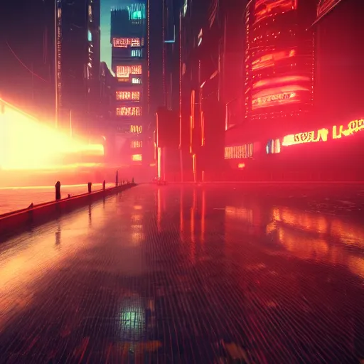 Image similar to « glowing neon lights, sunrise, cyberpunk, alita battle angel, blade runner, rainy, cold, clouds, far view, photorealistic, unreal engine 5, sharp focus »