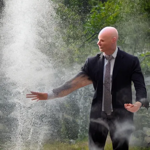 Image similar to a balded man surrounded by water geysers